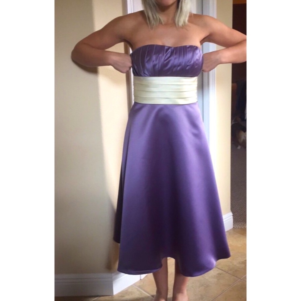 purple and cream T-length bridesmaid dress!